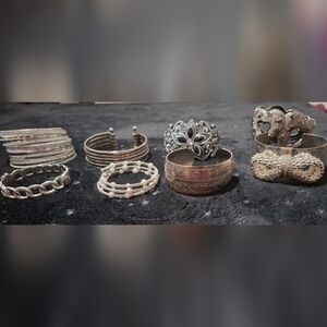 Vintage Lot Bundle Silvertone Etched Engraved Hinged Cuff Bracelet Bangles Set